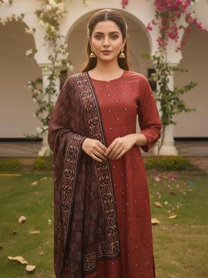 Women maroon rayon blend geometric printed straight kurta trousers with dupatta 1