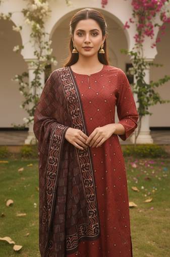 Women maroon rayon blend geometric printed straight kurta trousers with dupatta