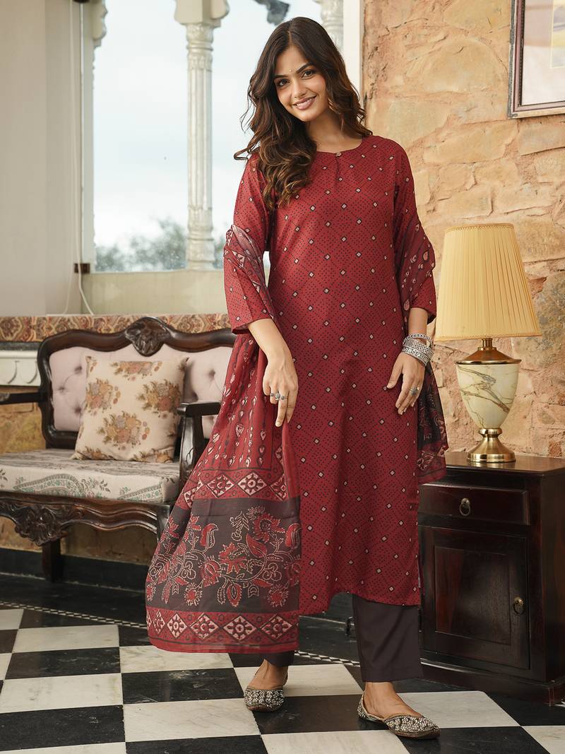 Maroon Rayon Blend Geometric Printed Kurta Trousers