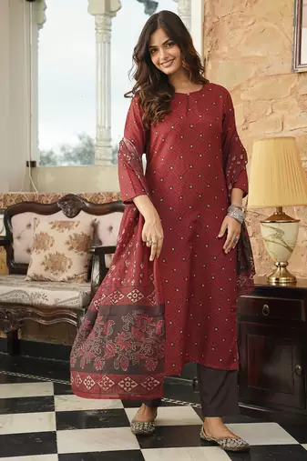 Maroon Rayon Blend Geometric Printed Kurta Trousers