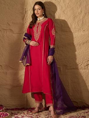 Women red silk blend solid embroidered a-line kurta trouser with dupatta 2