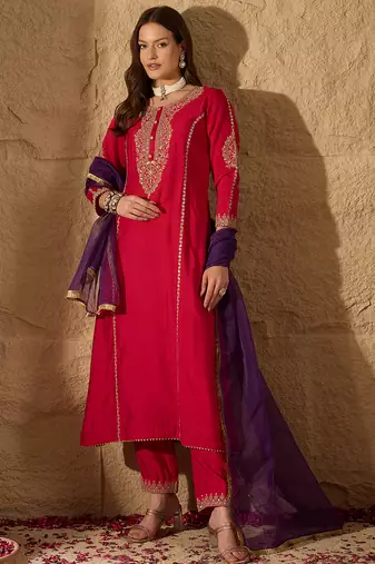 Women red silk blend solid embroidered a-line kurta trouser with dupatta
