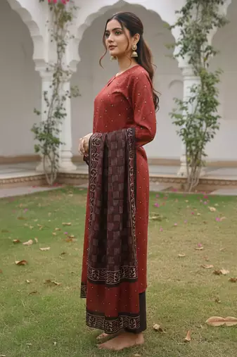 Women maroon rayon blend geometric printed straight kurta trousers with dupatta