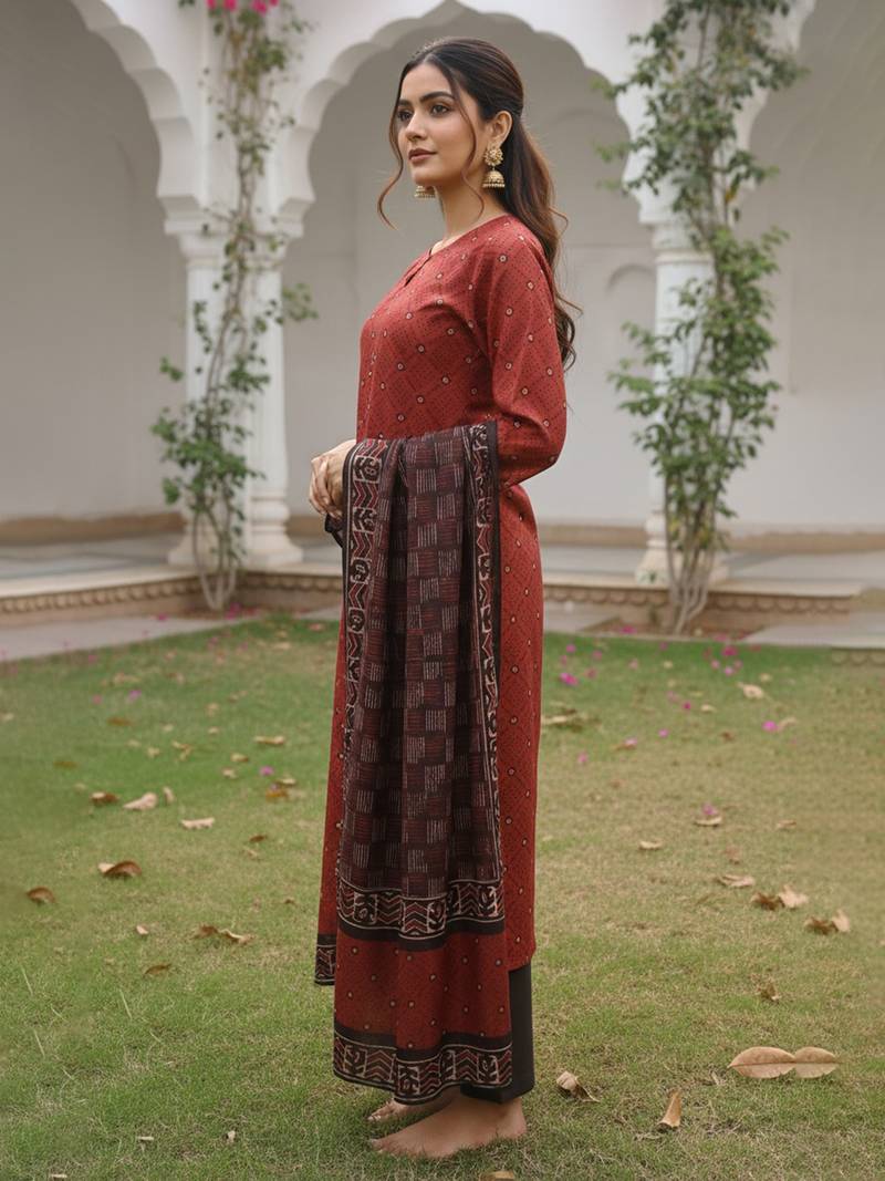 Women maroon rayon blend geometric printed straight kurta trousers with dupatta