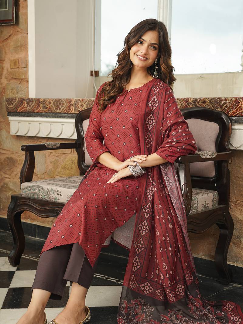 Maroon Rayon Blend Geometric Printed Kurta Trousers