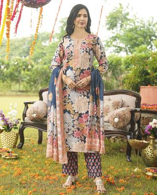 Women blue rayon blend floral printed straight kurta trousers with dupatta 2