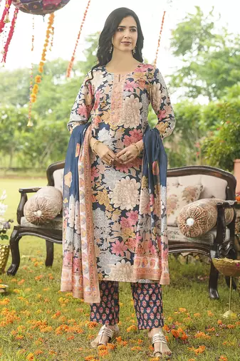 Women blue rayon blend floral printed straight kurta trousers with dupatta