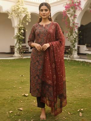 Women brown rayon blend floral printed straight kurta trousers with dupatta 1