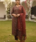 Women brown rayon blend floral printed straight kurta trousers with dupatta