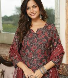 Women brown rayon blend floral printed straight kurta trousers with dupatta