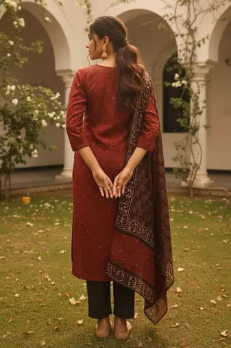 Women maroon rayon blend geometric printed straight kurta trousers with dupatta