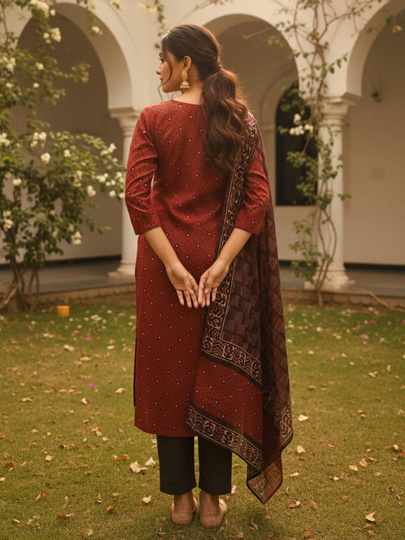 Women maroon rayon blend geometric printed straight kurta trousers with dupatta