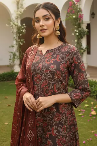 Women brown rayon blend floral printed straight kurta trousers with dupatta
