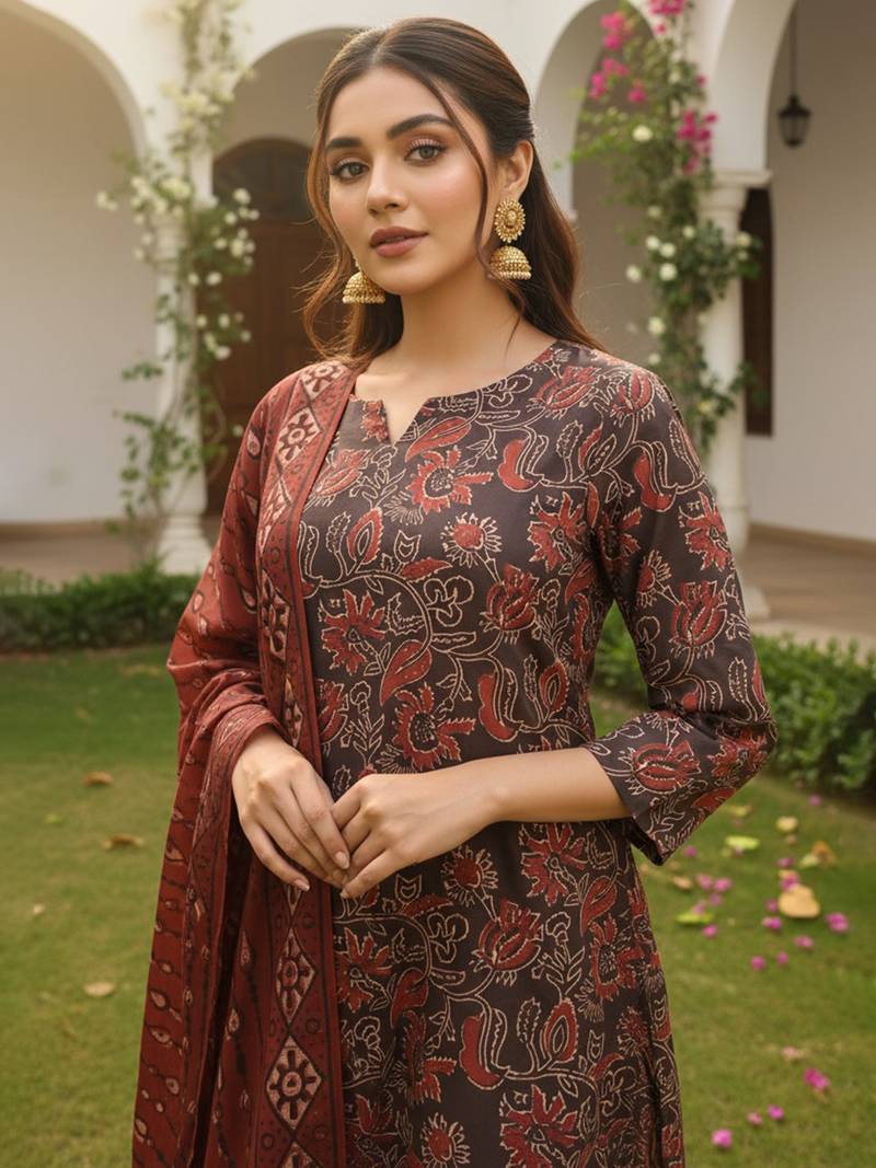 Women brown rayon blend floral printed straight kurta trousers with dupatta