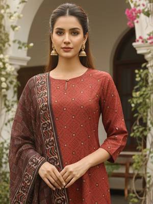 Women maroon rayon blend geometric printed straight kurta trousers with dupatta 5