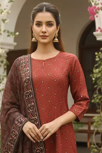 Women maroon rayon blend geometric printed straight kurta trousers with dupatta