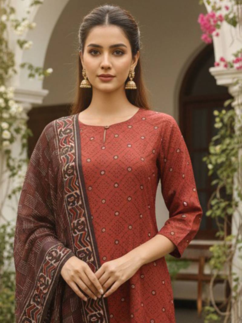 Women maroon rayon blend geometric printed straight kurta trousers with dupatta