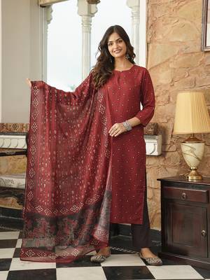 Maroon Rayon Blend Geometric Printed Kurta Trousers 5