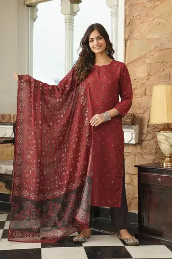 Maroon Rayon Blend Geometric Printed Kurta Trousers
