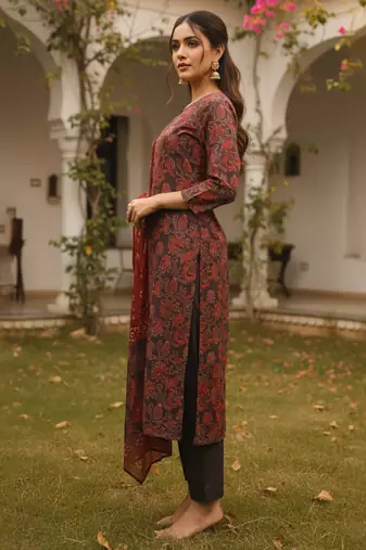 Women brown rayon blend floral printed straight kurta trousers with dupatta
