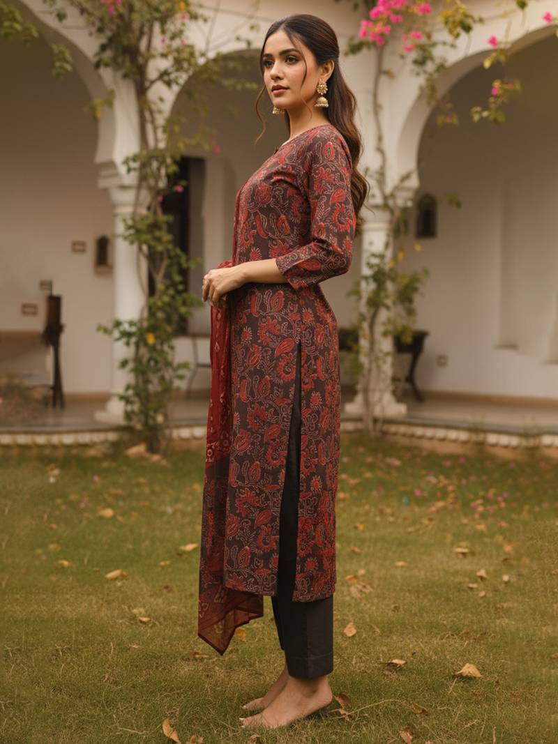 Women brown rayon blend floral printed straight kurta trousers with dupatta