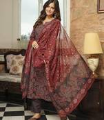 Women brown rayon blend floral printed straight kurta trousers with dupatta