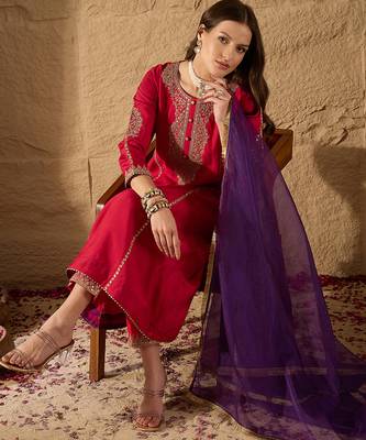 Women red silk blend solid embroidered a-line kurta trouser with dupatta 3