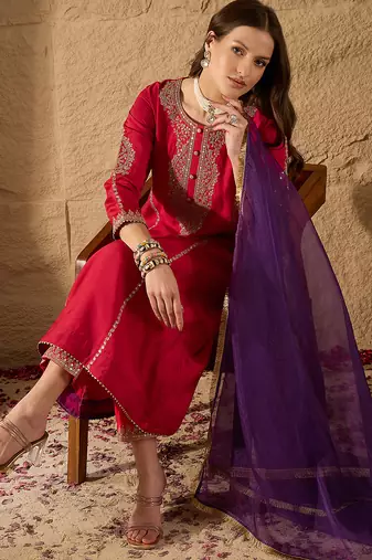 Women red silk blend solid embroidered a-line kurta trouser with dupatta