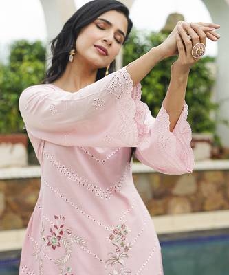 Women pink pure cotton solid embroidered coord sets 1
