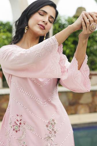 Women pink pure cotton solid embroidered coord sets