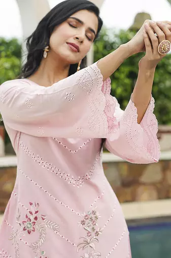 Women pink pure cotton solid embroidered coord sets