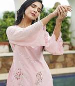 Women pink pure cotton solid embroidered coord sets