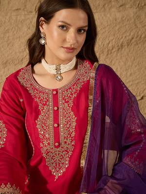 Women red silk blend solid embroidered a-line kurta trouser with dupatta 4
