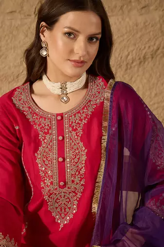 Women red silk blend solid embroidered a-line kurta trouser with dupatta