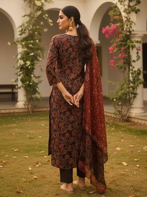 Women brown rayon blend floral printed straight kurta trousers with dupatta 4