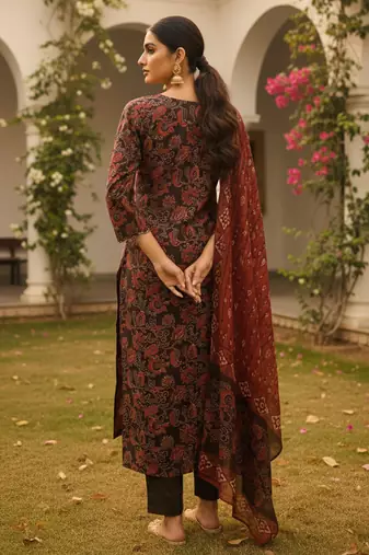 Women brown rayon blend floral printed straight kurta trousers with dupatta
