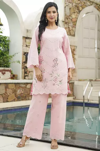 Women pink pure cotton solid embroidered coord sets