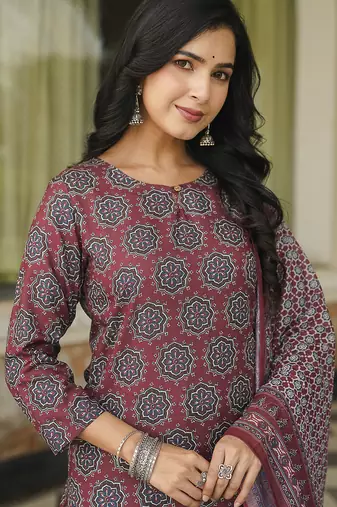 Women maroon rayon blend ajrakh printed straight kurta trousers with dupatta