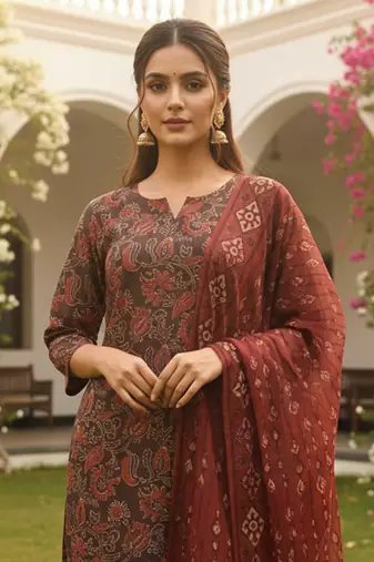 Women brown rayon blend floral printed straight kurta trousers with dupatta