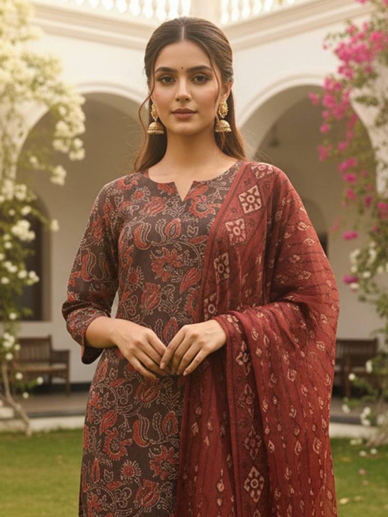 Women brown rayon blend floral printed straight kurta trousers with dupatta