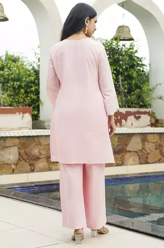 Women pink pure cotton solid embroidered coord sets