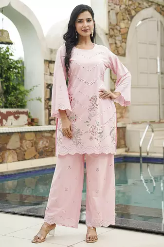 Women pink pure cotton solid embroidered coord sets