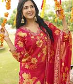 Women red viscose rayon floral embroidered straight kurta trousers with dupatta