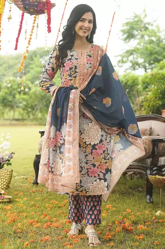 Women blue rayon blend floral printed straight kurta trousers with dupatta