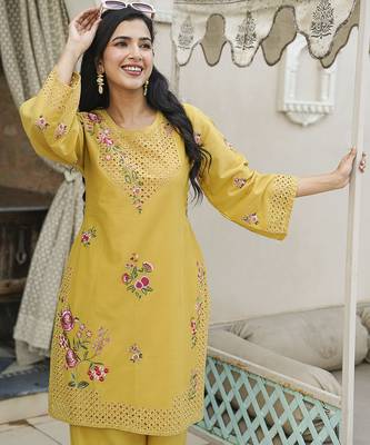 Women yellow pure cotton solid embroidered coord sets 1