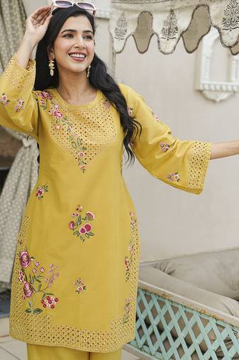 Women yellow pure cotton solid embroidered coord sets