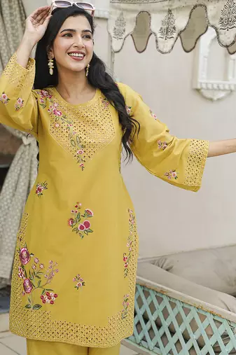 Women yellow pure cotton solid embroidered coord sets