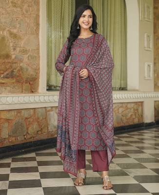Women maroon rayon blend ajrakh printed straight kurta trousers with dupatta 3