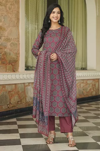 Women maroon rayon blend ajrakh printed straight kurta trousers with dupatta