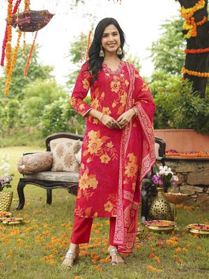 Women red viscose rayon floral embroidered straight kurta trousers with dupatta 2